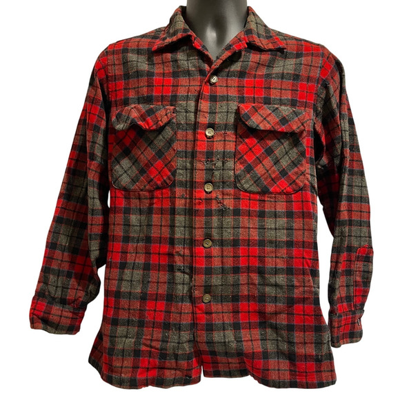 Vintage 1960's Pendleton 100% Wool Red Plaid Shirt - Men's Medium - Distressed - Picture 1 of 10
